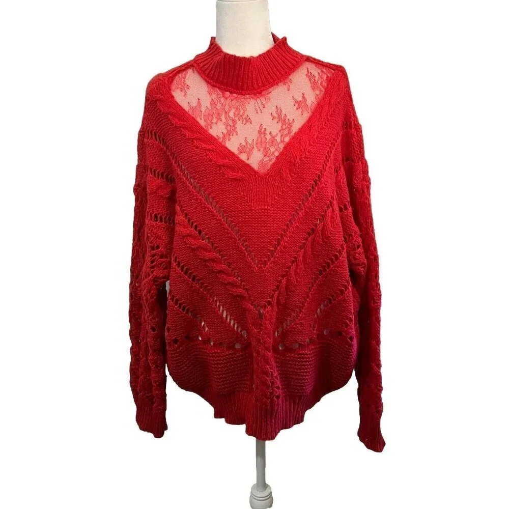 BiBi Knit Sweater Lace Collar Red Open Knit Chunky Size XL